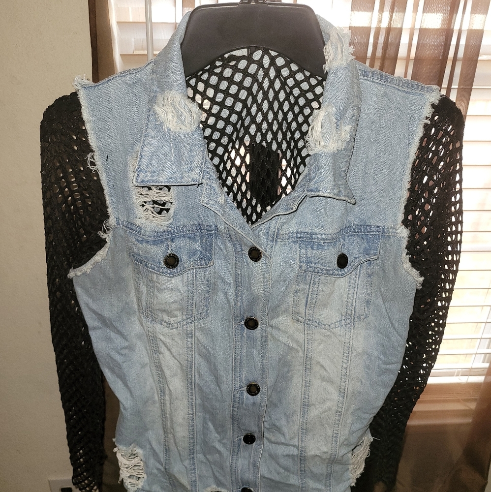 Distressed Fishnet Jean Jacket
